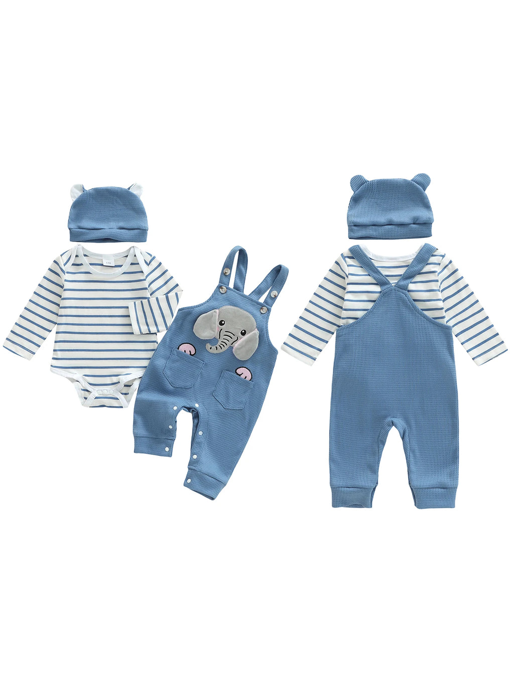 Infant Boys 3-Piece Clothing Set with Striped Romper Elephant Embroidery Suspender Pants and Matching Hat for a Stylish Look