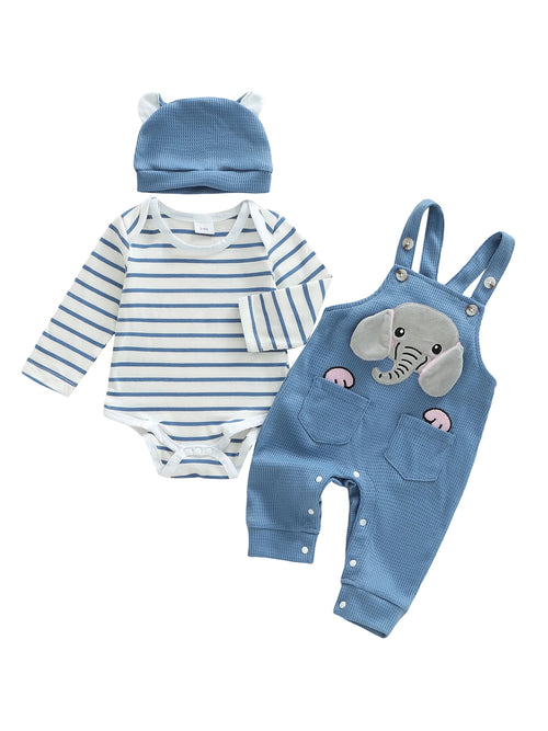 Infant Boys 3-Piece Clothing Set with Striped Romper Elephant Embroidery Suspender Pants and Matching Hat for a Stylish Look