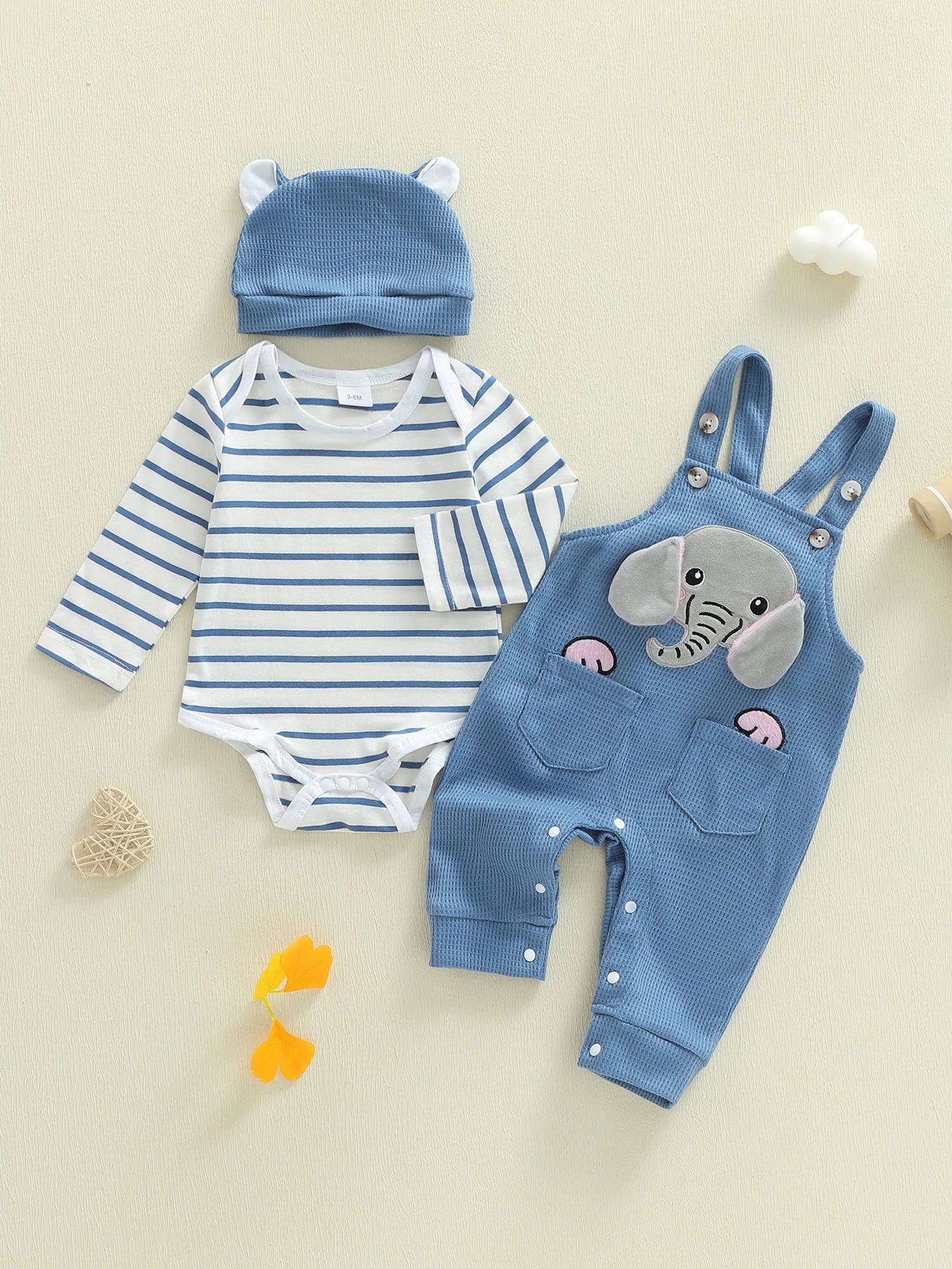 Infant Boys 3-Piece Clothing Set with Striped Romper Elephant Embroidery Suspender Pants and Matching Hat for a Stylish Look